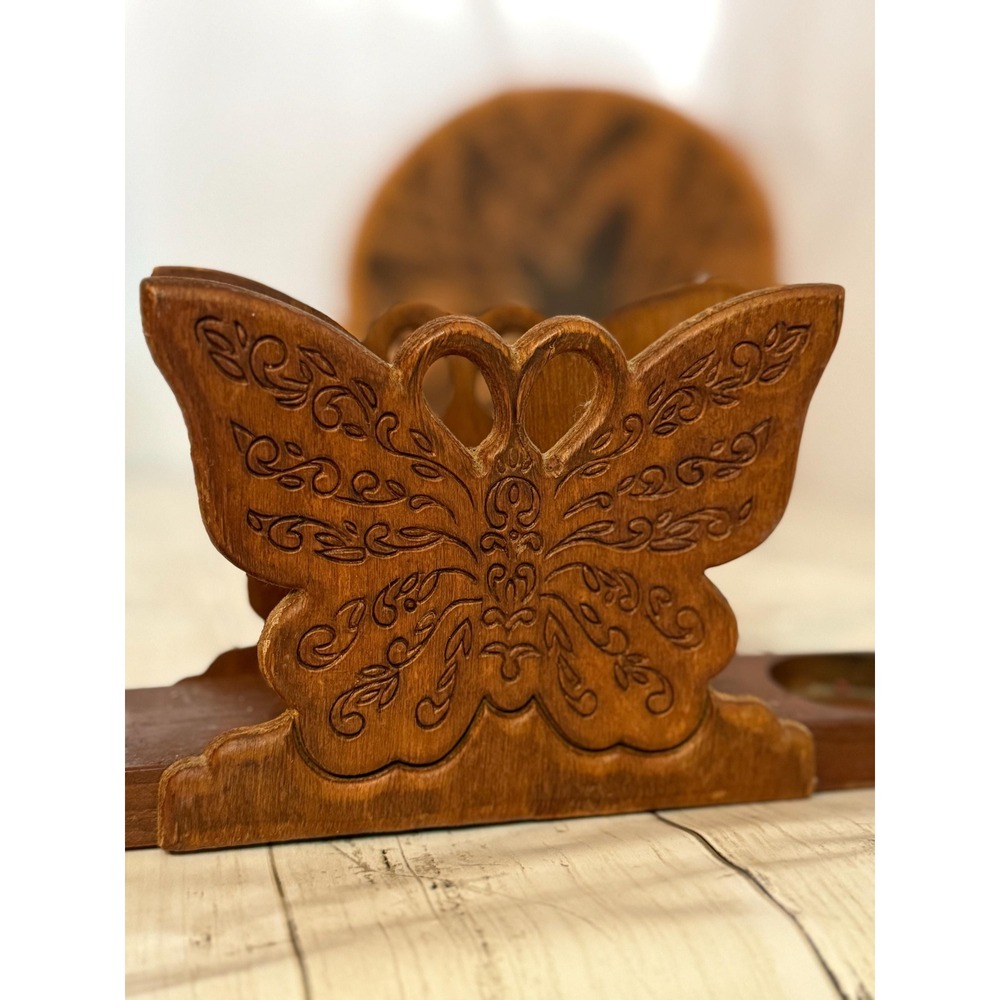 Vintage carved wooden butterfly napkin holder